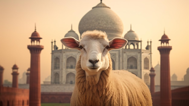 Uma ovelha está em frente a um Taj Mahal