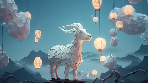Uma ovelha está em uma montanha com lanternas ao fundo.