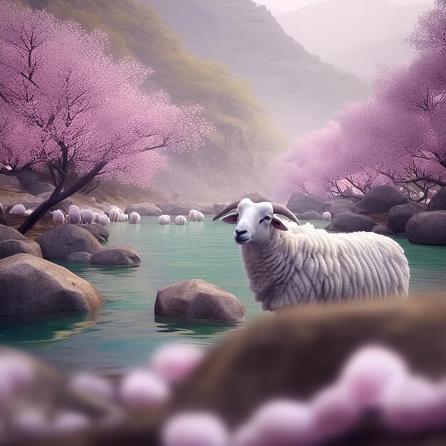 Uma ovelha está parada em um riacho com flores cor de rosa.