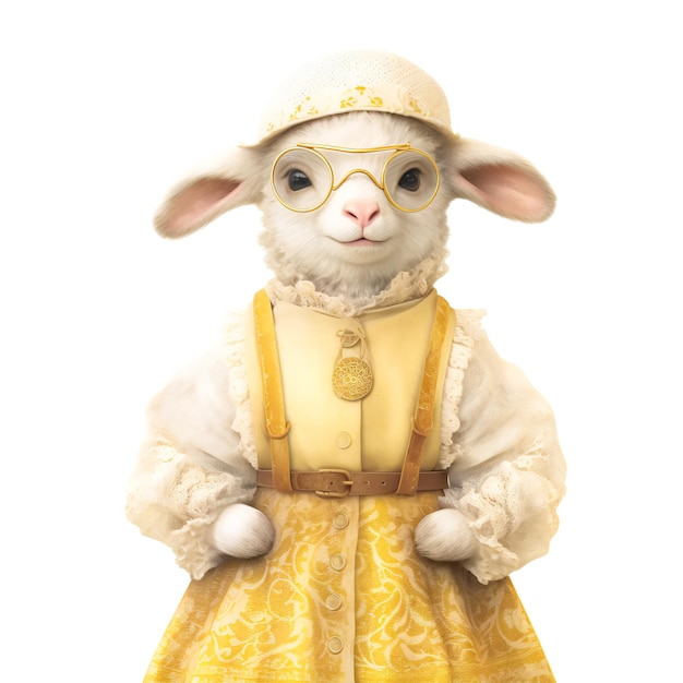 Uma ovelha linda vestindo um belo vestido amarelo.
