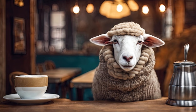 Foto uma ovelha numa cafeteria