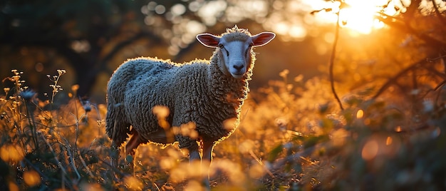 uma ovelha parada em um campo de grama alta