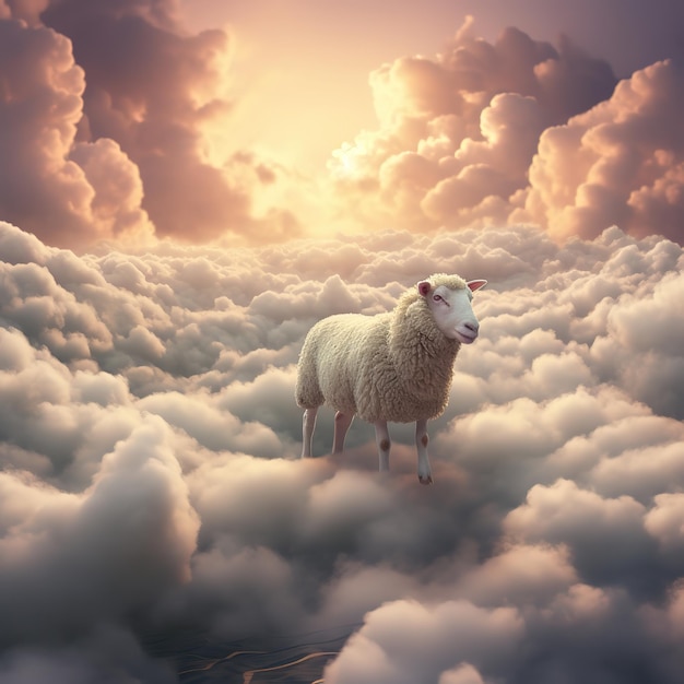 uma ovelha parada nas nuvens com um sol ao fundo