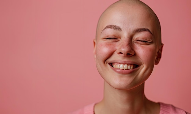 Foto uma paciente com cancro sem cabelo a sorrir