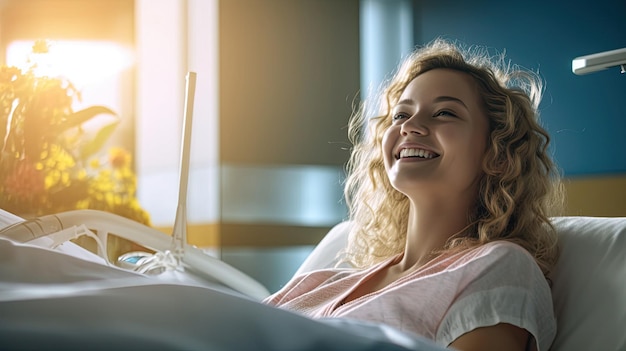 Uma paciente de sexo feminino deitada satisfeita sorrindo em uma cama de paciente de hospital moderno