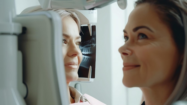 Uma paciente está tendo seus dentes radiografados por um dentista o dentista está olhando para o raio-X em uma tela de computador o paciente está sorrindo