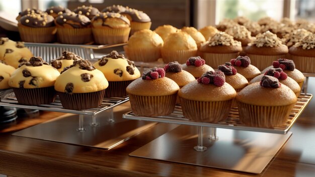 Uma padaria cheia de uma variedade de muffins