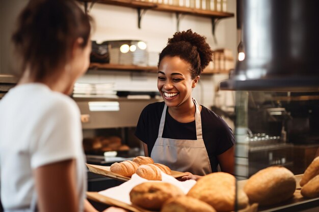 Uma padeira africana sorridente segurando uma bandeja de pão fresco na padaria