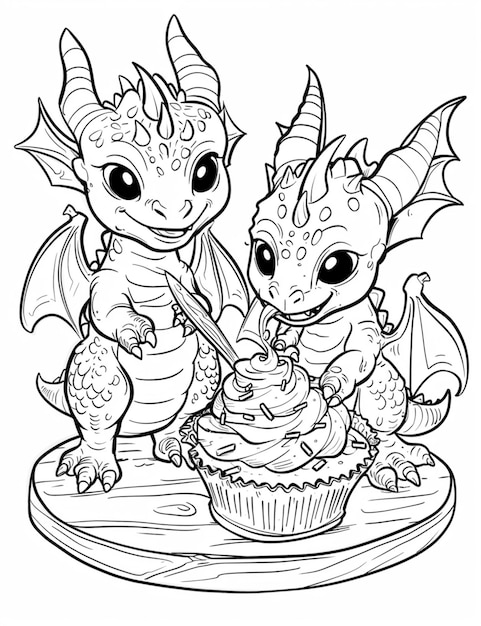 uma página de coloração de dois pequenos dragões comendo cupcakes generativo ai