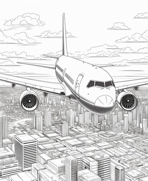 uma página de coloração de um avião voando sobre uma cidade com edifícios generativos ai
