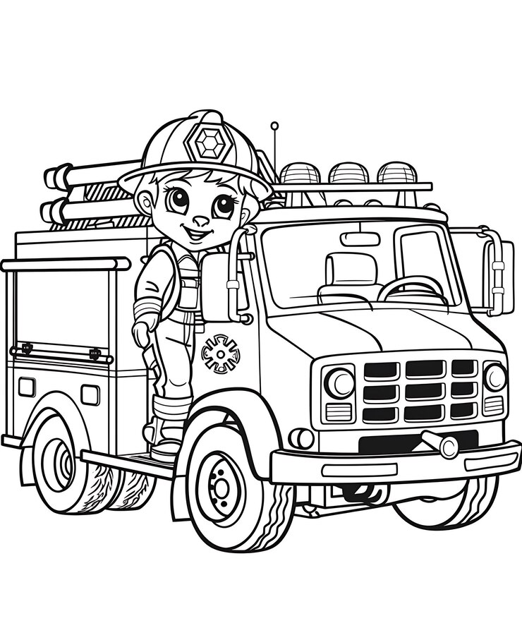 Foto uma página de coloração de um caminhão de bombeiros com um bombeiro na parte de trás