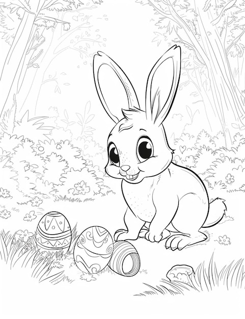 uma página de coloração de um coelho com ovos de Páscoa na grama generativa ai