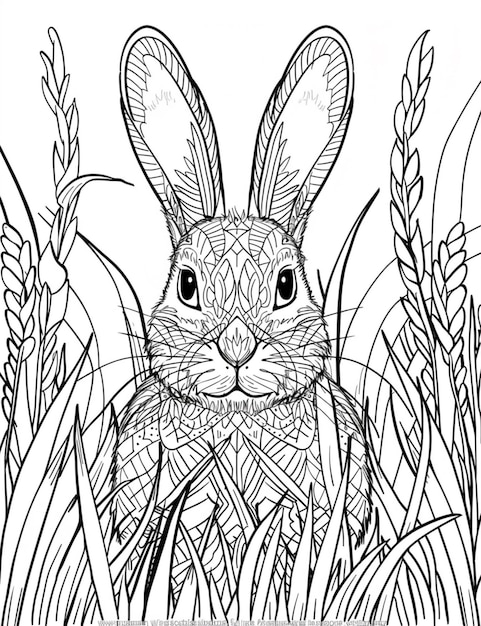 uma página de coloração de um coelho na grama generativa ai