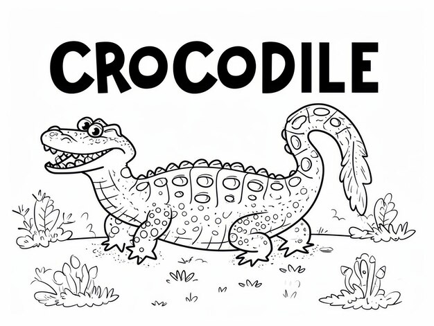 Foto uma página de colorir crocodilo para crianças com o texto crocodilo