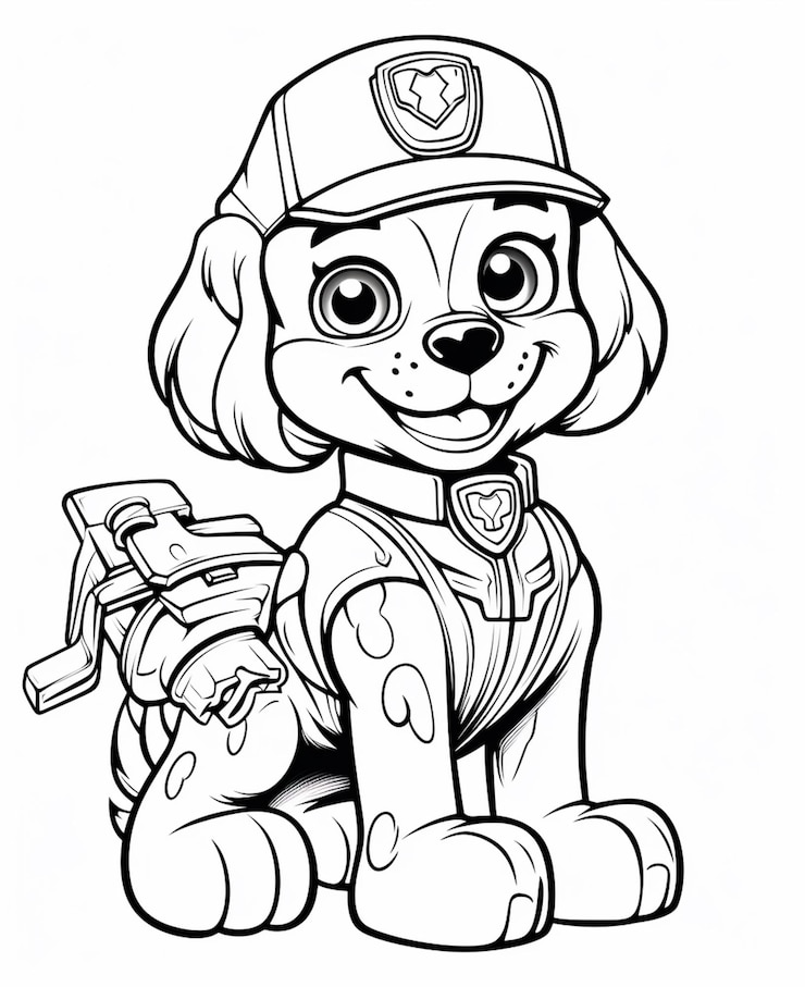 Foto uma página de colorir de um cão de desenho animado com um boné de beisebol e uma luva generativa ai