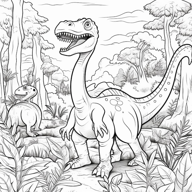 Foto uma página de colorir de um dinossauro na selva com outros animais generativo ai