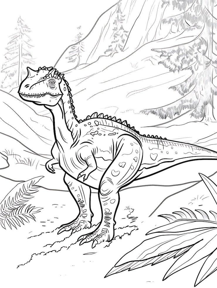 Foto uma página de colorir de um dinossauro na selva