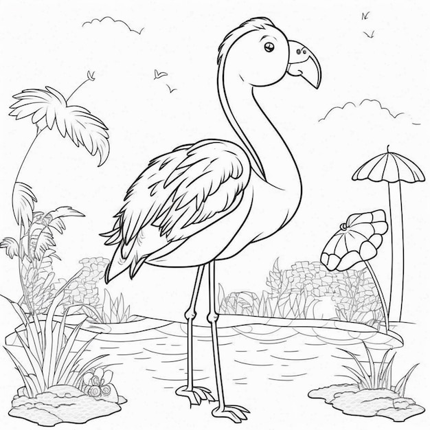 Uma página de colorir de um flamingo de pé na água generativa ai