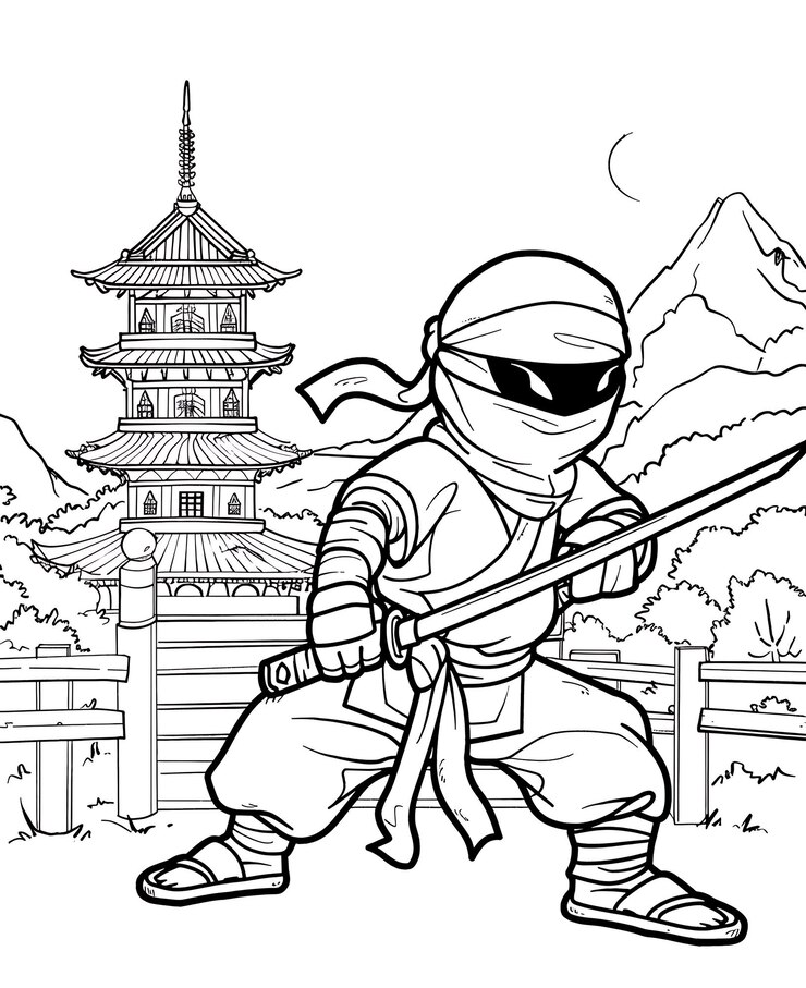 Foto uma página de colorir de um ninja com uma espada e um pagode no fundo