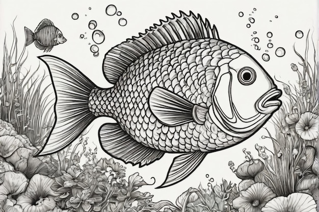 Uma página de livro de desenho de peixes para crianças