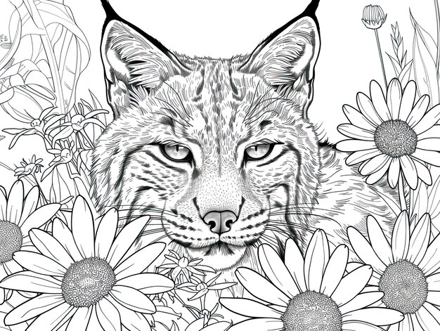 Uma página de livro para colorir com um gato em um campo de flores