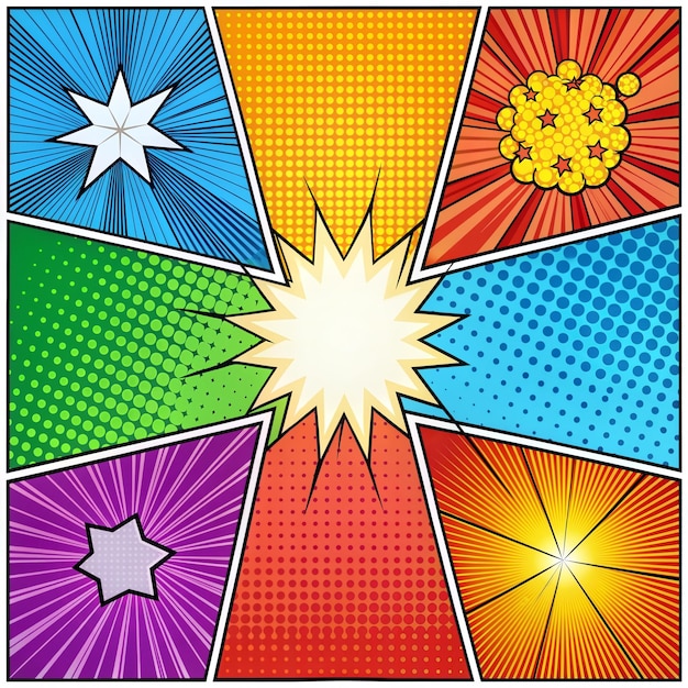 uma página de quadrinhos com um fundo de explosão de estrelas