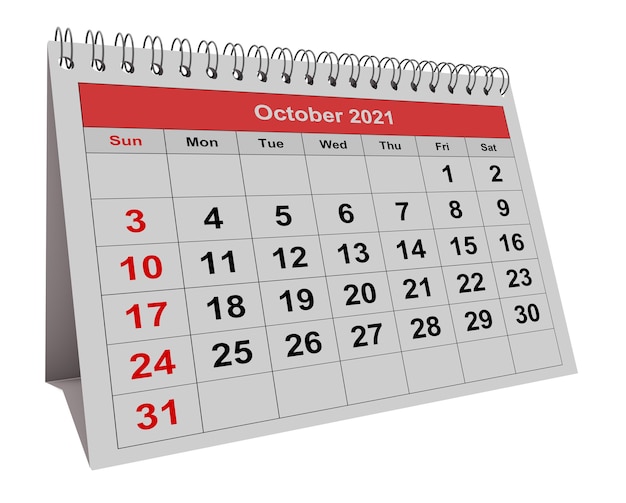 Uma página do calendário anual comercial mensal Data mês outubro 2021 Renderização 3D