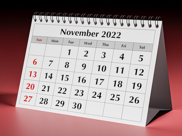 Uma página do calendário mensal anual da mesa de negócios Data mês novembro de 2022