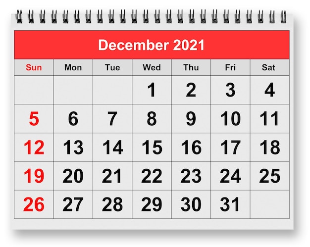 Uma página do calendário mensal anual de dezembro de 2021