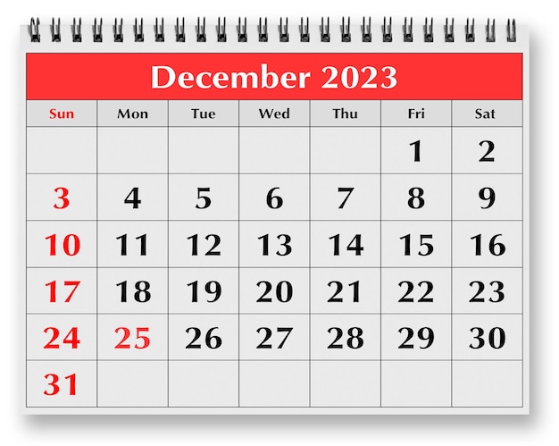 Uma página do calendário mensal anual de dezembro de 2023