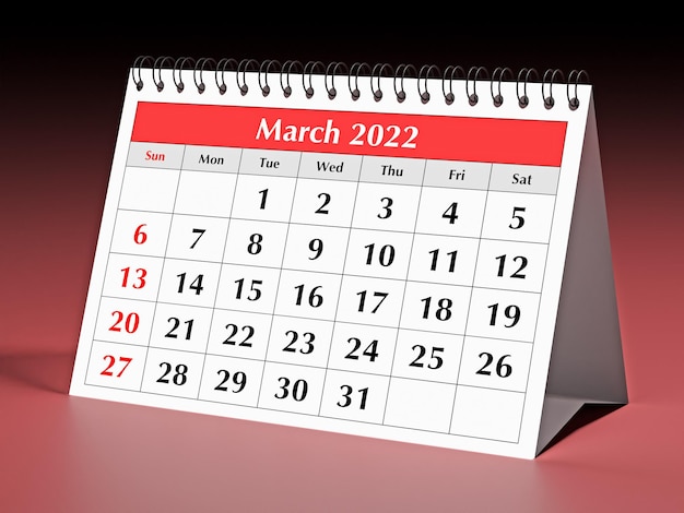 Uma página do calendário mensal de negócios anual Data mês de março de 2022 renderização em 3d