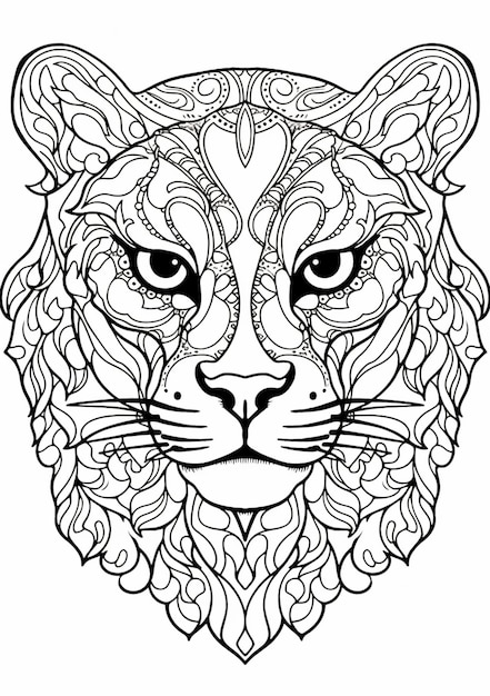 uma página para colorir com cabeça de tigre e padrões ornamentados IA generativa
