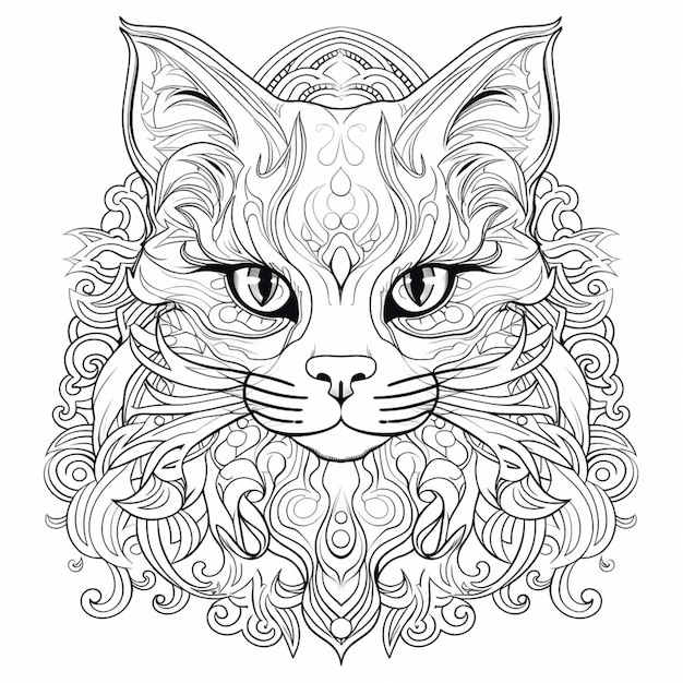 uma página para colorir com cara de gato e padrões ondulados IA generativa