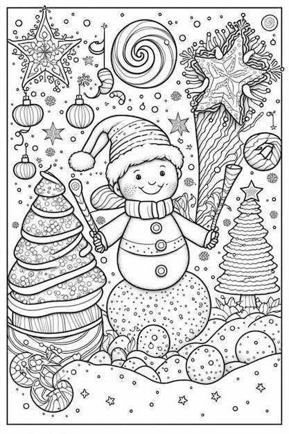 uma página para colorir com um boneco de neve e decorações de Natal generativas ai