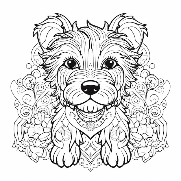 uma página para colorir com um cachorro e flores generativas ai