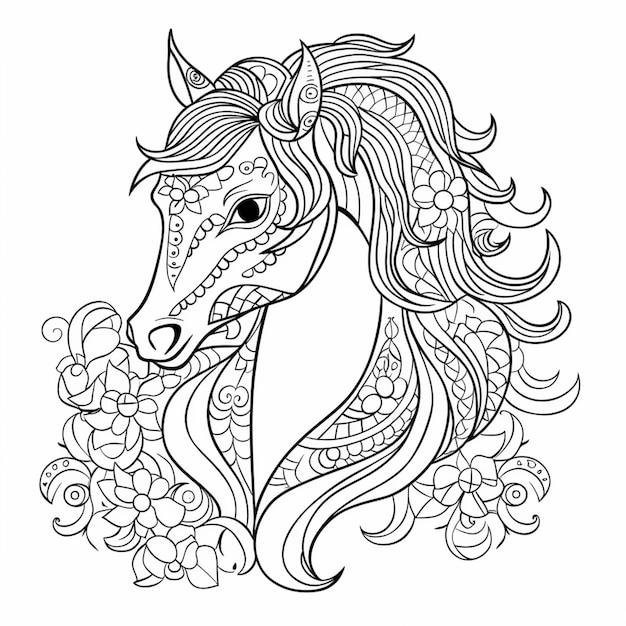 uma página para colorir com um cavalo com crina longa e flores generativas ai