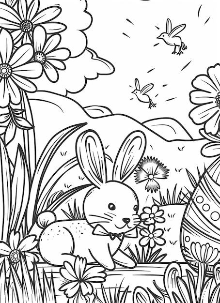 uma página para colorir com um coelho e flores em um jardim generativo ai