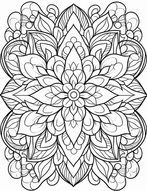 uma página para colorir com um desenho de flores em preto e branco