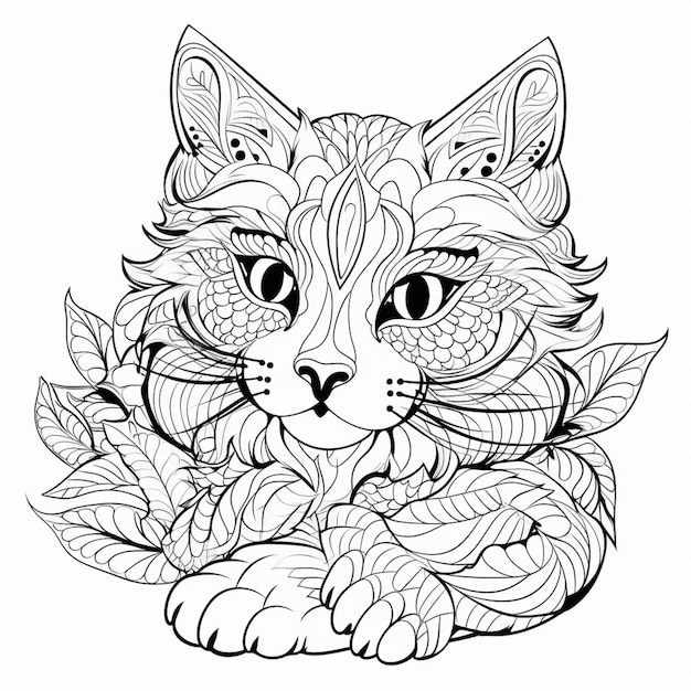 uma página para colorir com um gato e folhas ai generativas