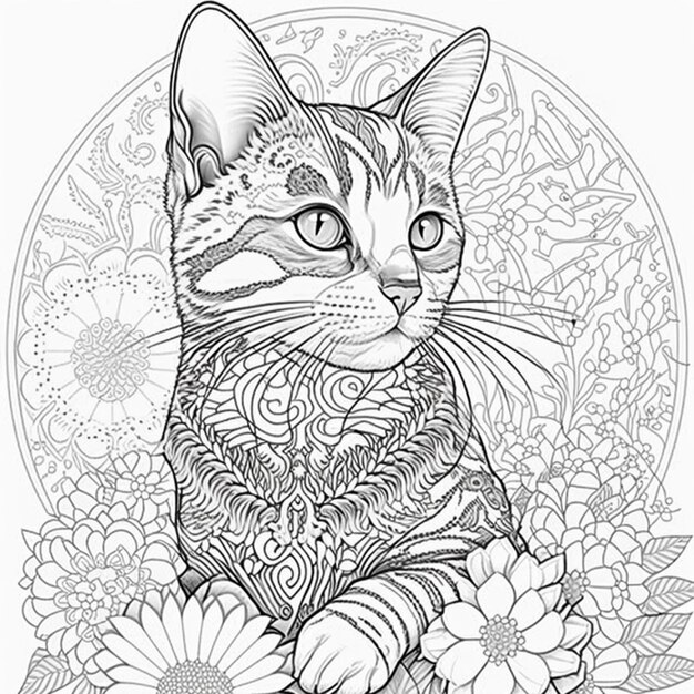 Foto uma página para colorir com um gato sentado em um fundo florido