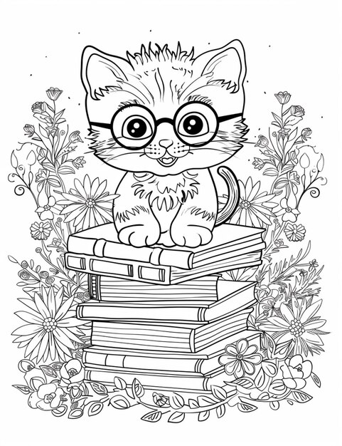 uma página para colorir com um gato sentado em uma pilha de livros generativo ai