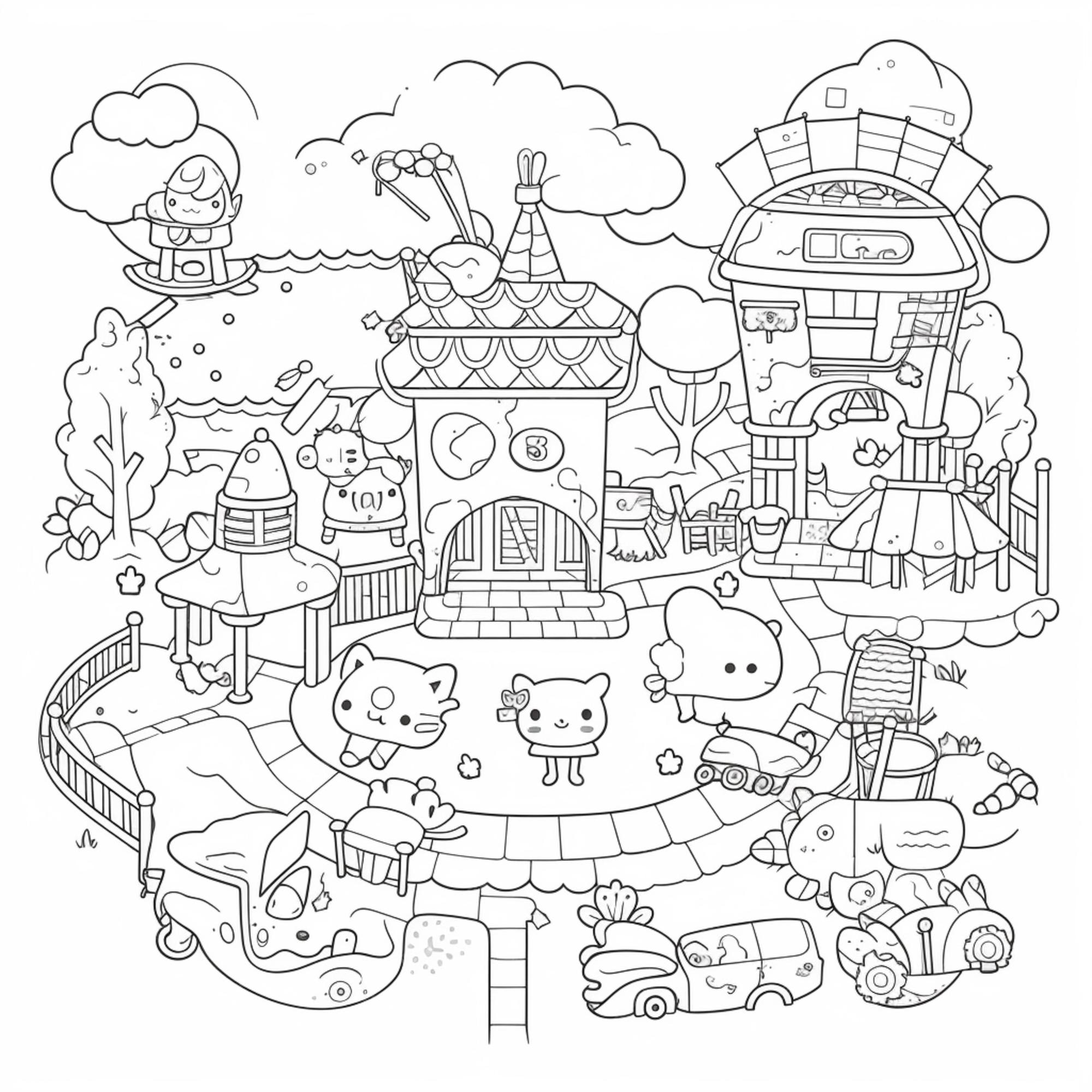 Uma página para colorir com um hello kitty e outros personagens