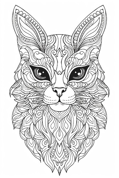 Foto uma página para colorir com um rosto de gato e padrões ornamentados generative ai