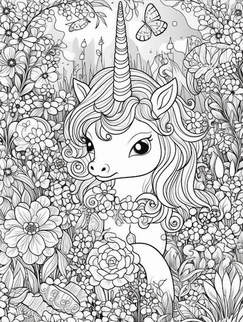 Unicórnio no meio de um campo de girassóis - Unicórnios - Coloring Pages  for Adults