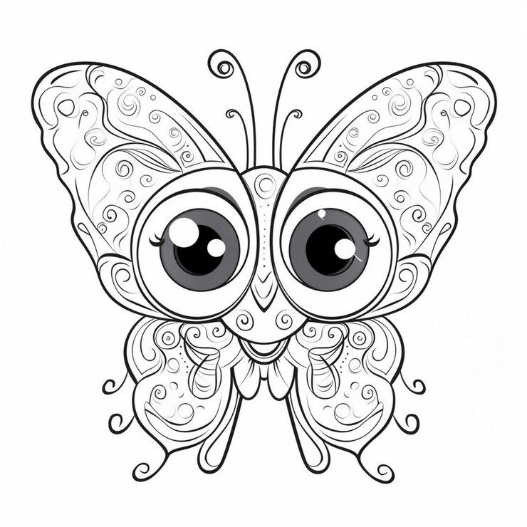 uma página para colorir com uma borboleta com olhos grandes e asas onduladas IA generativa