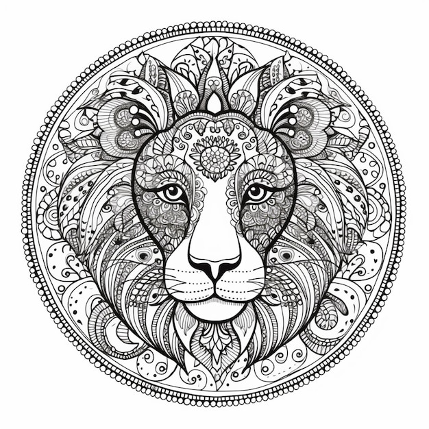 Uma página para colorir com uma cabeça de leão em uma moldura circular generativa ai
