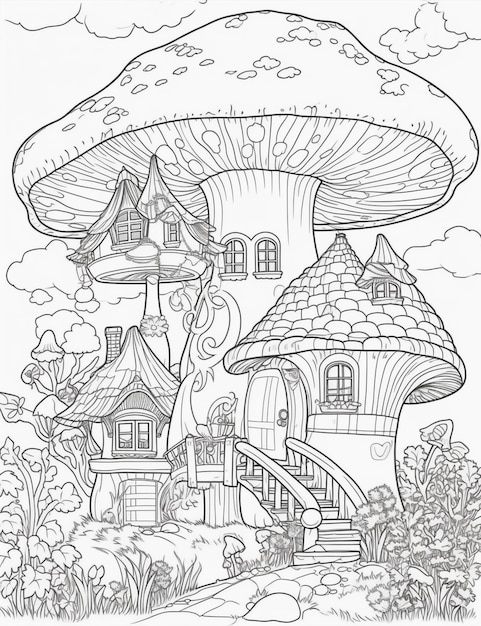 Uma página para colorir com uma casa de cogumelo e uma ponte generativa ai