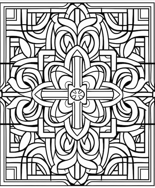 uma página para colorir com uma cruz e uma flor no centro ai generativa