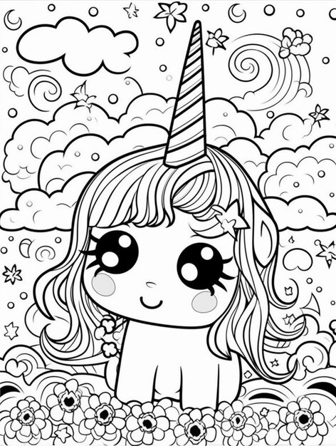 Desenho de Meninas e Unicorn Kawaii para Colorir - Colorir.com