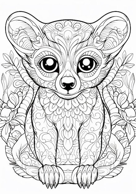 uma página para colorir com uma raposinha fofa sentada no meio de flores ai generativa